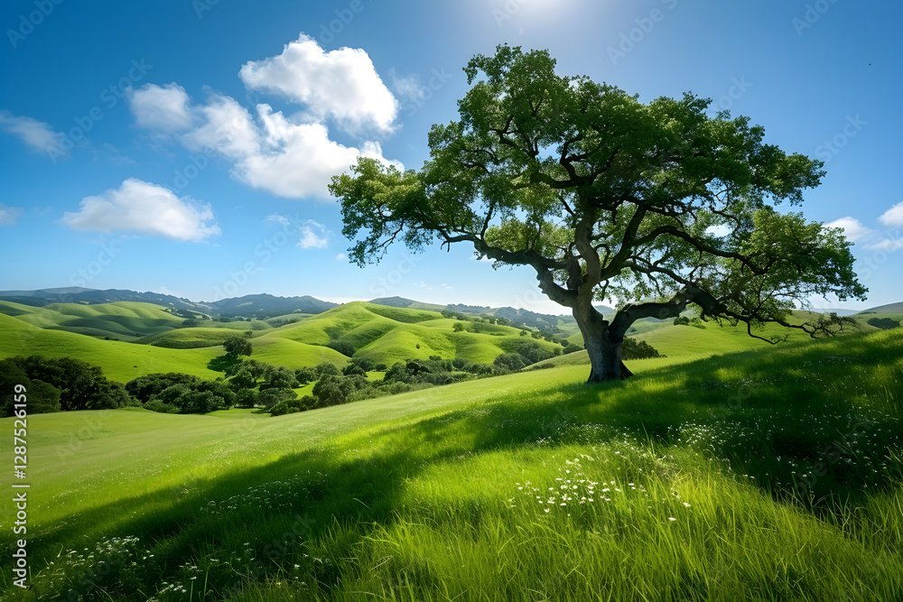 Majestic Oak Tree in Serene Green Meadow with Rolling Hills and Clear Blue Sky Majestic Oak Tree in Serene Green Meadow with Rolling Hills and Clear Blue Sky