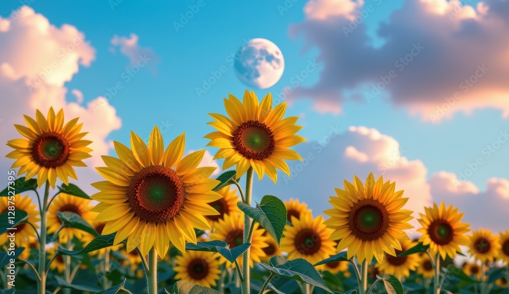 Fototapeta premium Sunflowers bloom under a vibrant sky with a full moon and clouds during sunset