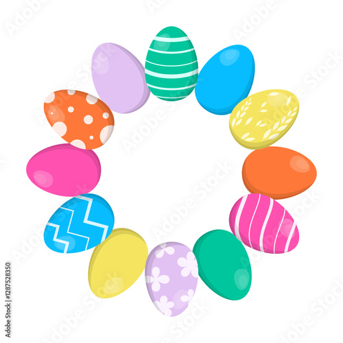 Easter Eggs Laid Out in a Circle on on a white background.  Colorful ornate eggs and place for your text. Design for card, banner, decor.