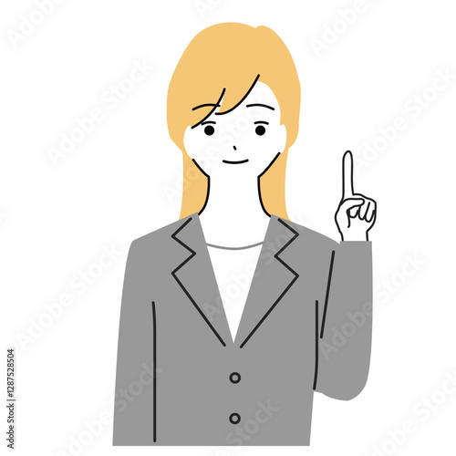 Illustration of a young woman in a suit explaining a point.