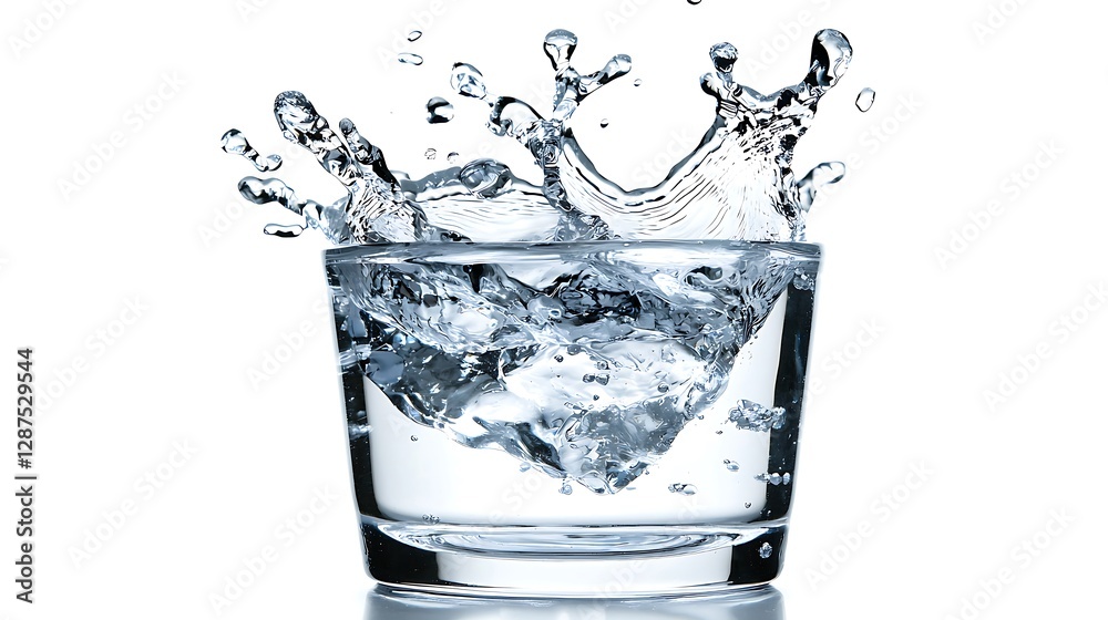 Water Splash in Glass with Ice Cubes on Clear Background Captivating Liquid Dynamics