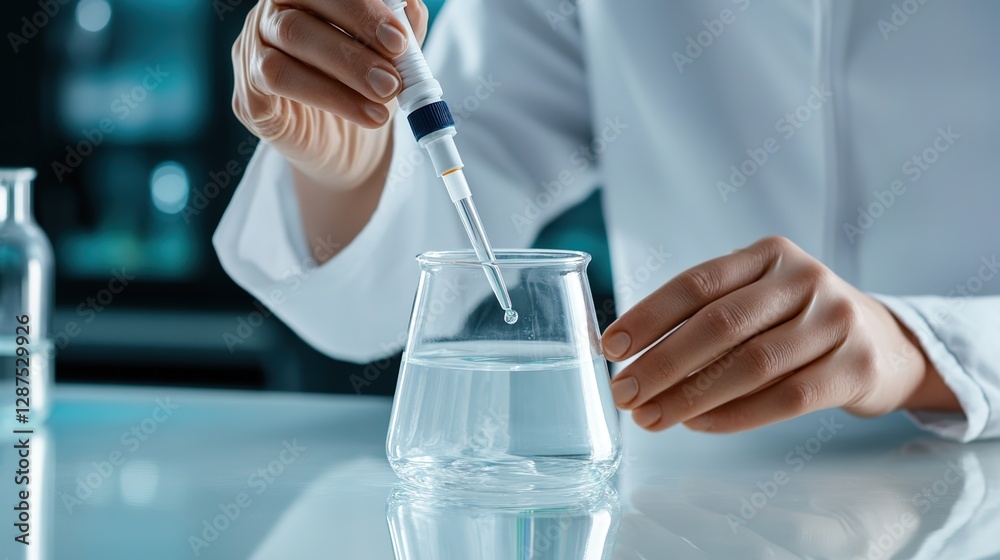 Scientist Using Pipette to Drop Liquid into Beaker in Laboratory Scientist Using Pipette to Drop Liquid into Beaker in Laboratory