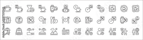 Office coffee break icon set. Time break for lunch icon collection. Vacation office day off symbol. Icon set contain symbol of coffee time, rest hours, lunchtime, eat, vacation, holiday, beach.