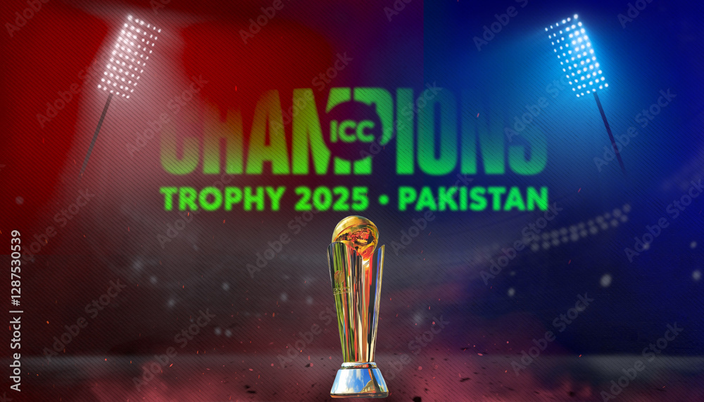 Fototapeta premium Karachi, Pakistan, 22nd December 2025, ICC Champions Trophy 2025 Pakistan social media post with Trophy, flood lights, and stadium background. 3D Stock Illustration.