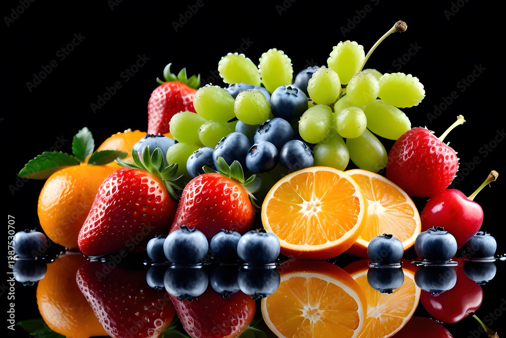 A hyper-realistic, ultra-high-definition 4K image of fresh and delicious fruits—juicy strawberries, blueberries, green grapes, sliced oranges, and ripe cherries on a deep black background