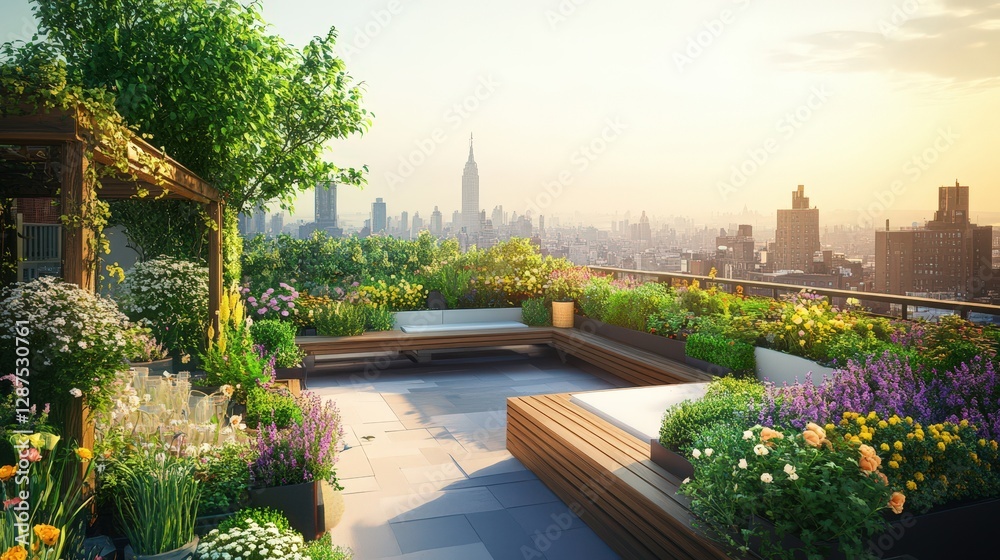 Obraz premium Rooftop Garden Oasis Cityscape View