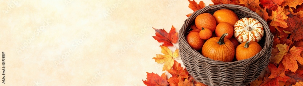 custom made wallpaper toronto digitalA woven basket filled with pumpkins sits on a bed of autumn leaves, creating a warm, seasonal atmosphere.