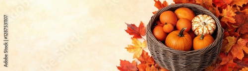 Wallpaper Mural A woven basket filled with pumpkins sits on a bed of autumn leaves, creating a warm, seasonal atmosphere. Torontodigital.ca