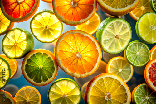 Floating fruit slices (oranges, lemons, and limes) with dramatic lighting. Created with AI Generative