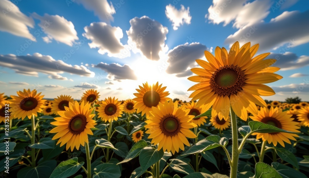 Sunflowers bloom under a vibrant sky with a full moon and clouds during sunset Sunflowers bloom under a vibrant sky with a full moon and clouds during sunset