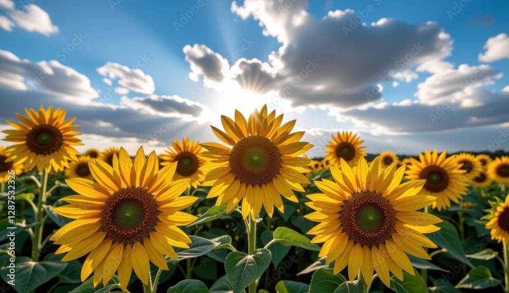 Sunflowers bloom under a vibrant sky with a full moon and clouds during sunset Sunflowers bloom under a vibrant sky with a full moon and clouds during sunset