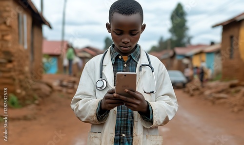 Child doctor uses tablet in African village