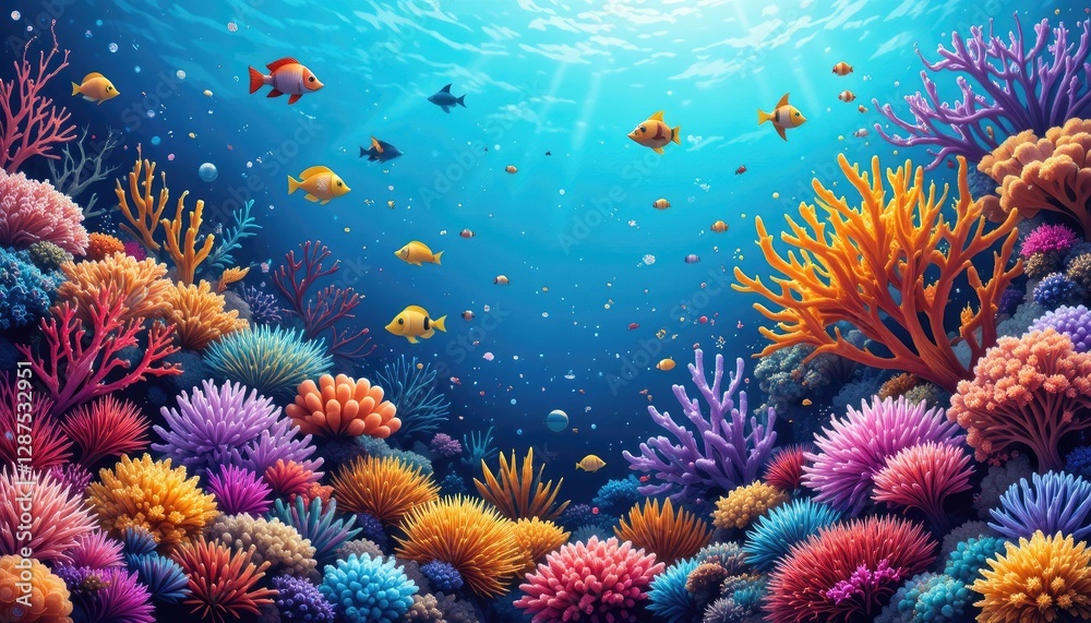 Fototapeta premium Colorful Coral Reef Scene with Tropical Fish Swimming in Ocean Water
