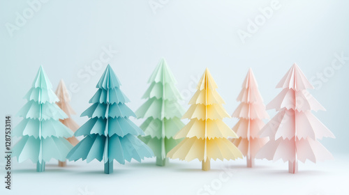 Wallpaper Mural Pastel Paper Christmas Trees: Delicate paper Christmas trees in a rainbow of pastel colors stand in a row, creating a simple and joyful scene. Torontodigital.ca