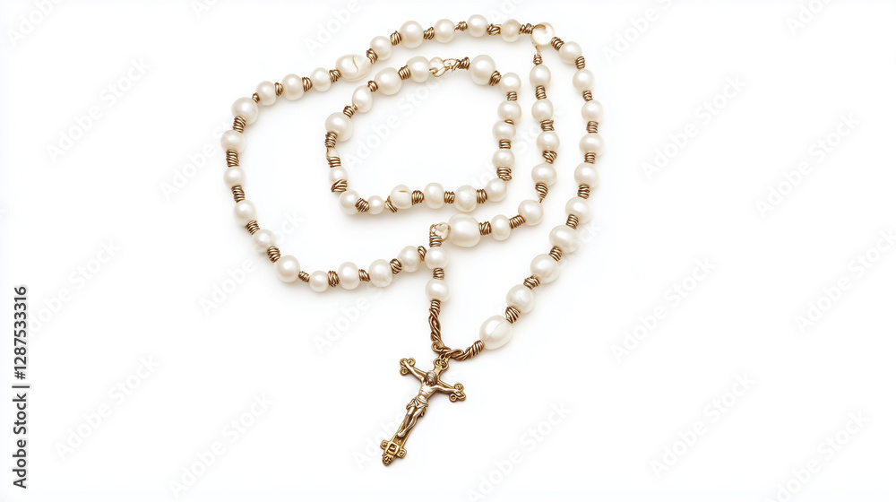 Sacred Symbol: An elegant rosary with lustrous pearl beads and a detailed crucifix, a tangible representation of faith, devotion, and spiritual reflection.