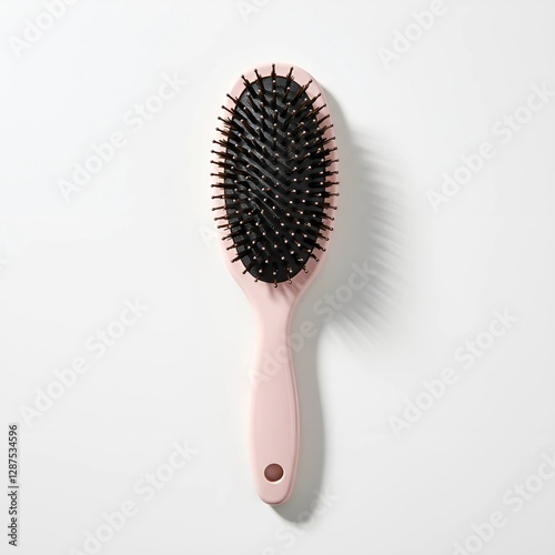 A pink hairbrush with black bristles on a white surface