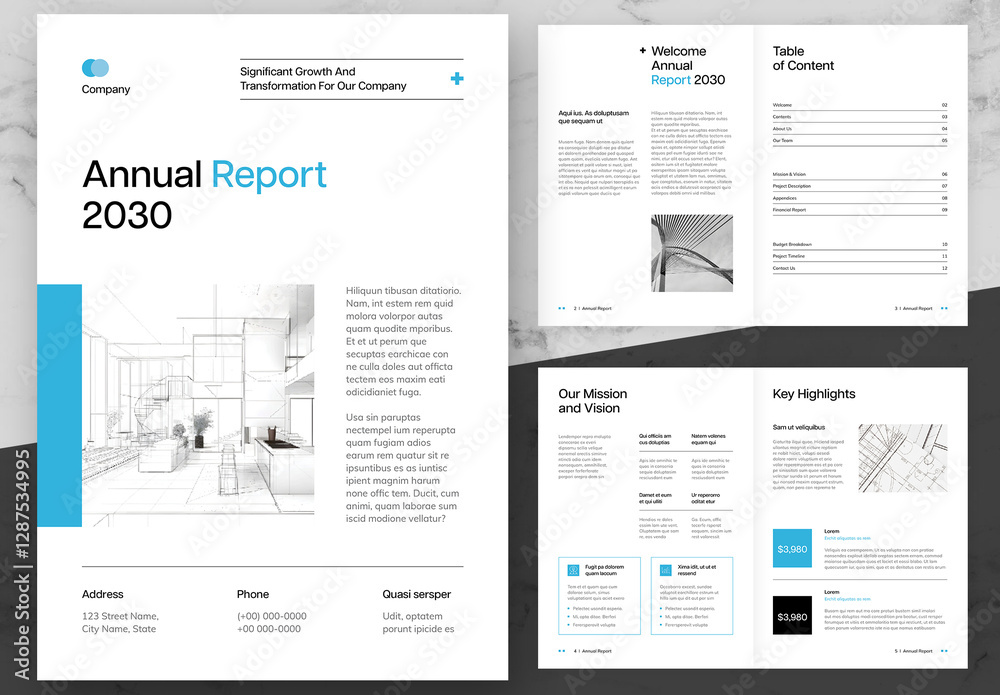 Blue Report Example Blue And Black Annual Report Stock Template | Adobe Stock