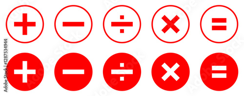 Set of mathematical icons. Plus, minus, multiplication, equal, division symbol red color isolated vector illustration. Calculator math icon. Flat style.