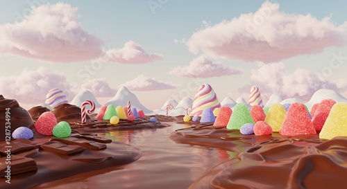 Fantasy Candy Land Landscape with Chocolate River and Pastel Sweets