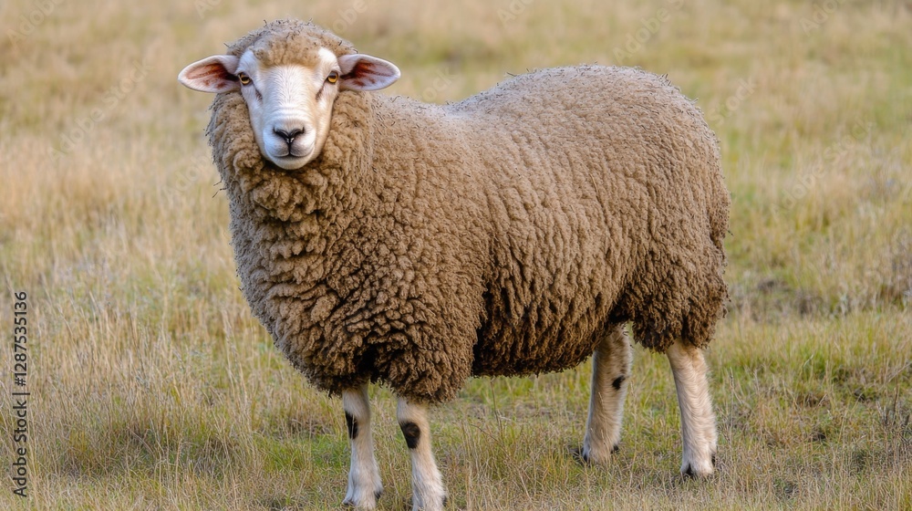 Sheep stands in a grassy field during daylight hours in a rural setting Sheep stands in a grassy field during daylight hours in a rural setting