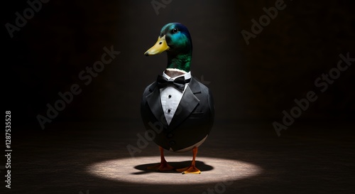 Duck Wearing Tuxedo Standing in Spotlight, Formal Event Concept