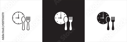 Lunch time icon set. Time break for lunch icon collection. Icon set contain symbol of restaurant, dinner, eat schedule, rest hours, lunchtime, eat, cafe, routine. Vector stock illustration.