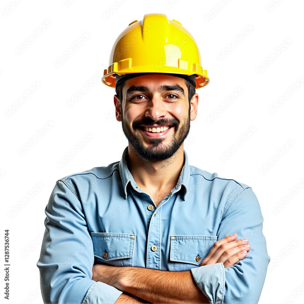 Cheerful construction worker portrait, yellow hard hat, crossed arms. Confident, smiling builder isolated on transparent background. Ideal for construction, labor, and industry visuals. Cheerful construction worker portrait, yellow hard hat, crossed arms. Confident, smiling builder isolated on transparent background. Ideal for construction, labor, and industry visuals.