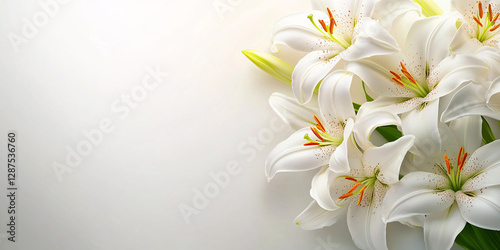 Close-up of a beautiful bouquet of white lilies against a white background.