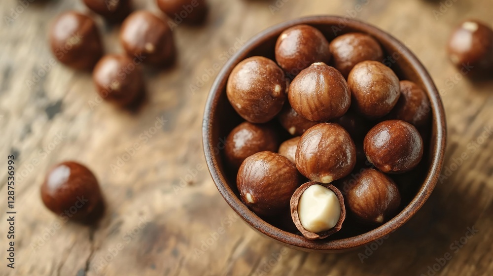 A handful of roasted macadamia nuts, perfectly arranged in a small bowl with a few nuts spilling out onto a wooden surface. The glossy, golden sheen adds to their inviting, rich appearance. A handful of roasted macadamia nuts, perfectly arranged in a small bowl with a few nuts spilling out onto a wooden surface. The glossy, golden sheen adds to their inviting, rich appearance.