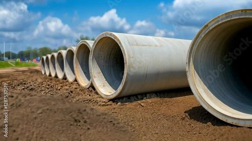 Wallpaper Mural Concrete Pipes Installation Along Roadway Depicting Infrastructure Development and Construction Progress in Urban Environment Under Blue Sky with Clouds Torontodigital.ca