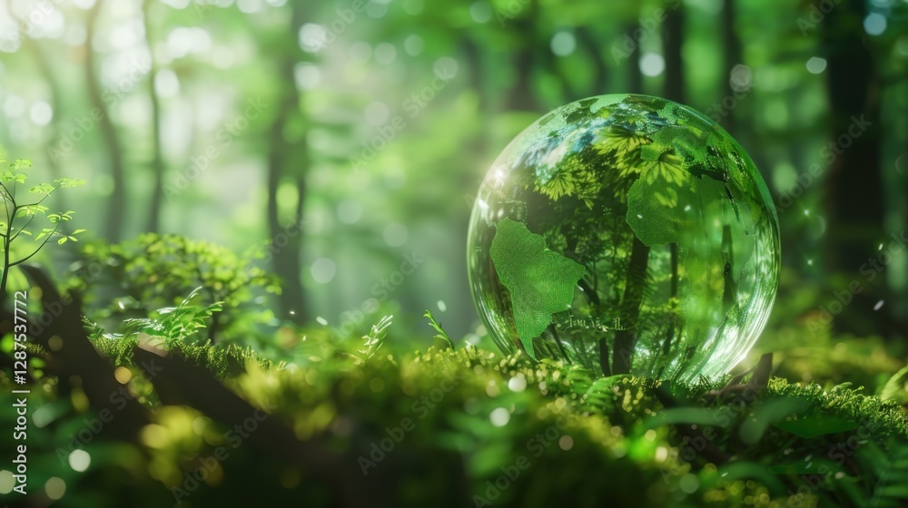 Glass globe in forest showing ESG, CO2, net zero, and eco-friendly business for a green future.
Glass globe in forest showing ESG, CO2, net zero, and eco-friendly business for a green future.