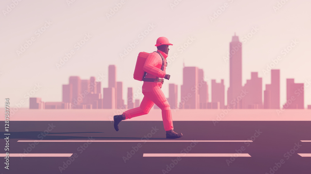 running paramedic in vibrant uniform dashing towards city skyline running paramedic in vibrant uniform dashing towards city skyline