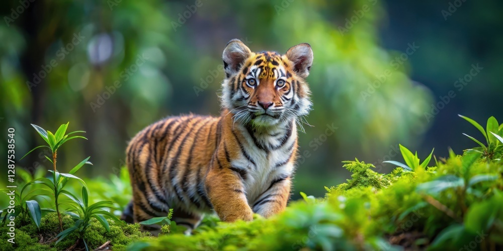 Obraz premium A Young Tiger Cub in Lush Greenery, Observing Its Surroundings with Curiosity and Alertness
