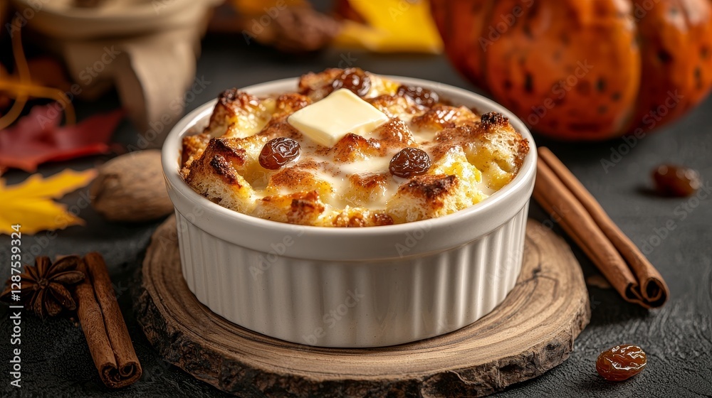 Close-up of warm bread pudding topped with melted butter, golden raisins, a sprinkle of cinnamon, served in rustic ceramic dish with fall leaves backdrop Close-up of warm bread pudding topped with melted butter, golden raisins, a sprinkle of cinnamon, served in rustic ceramic dish with fall leaves backdrop