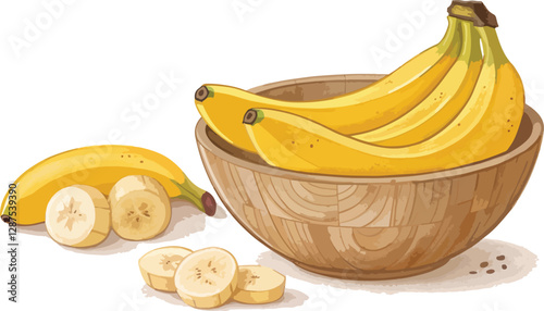 Banana in wooden bowl in white background vector design