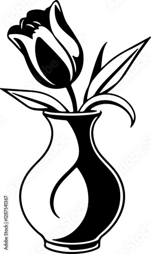 Black and white vector art shows a rose in a vase.