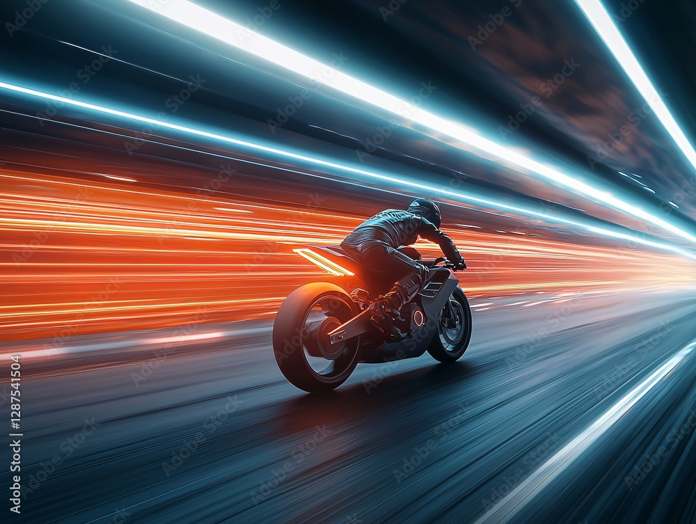 Fototapeta premium a futuristic motorcycle speeding through a neon highway at night, glowing trails of energy left in its wake, cybernetic aesthetic, dynamic motion blur, cinematic lighting
