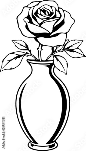 Black and white vector art shows a rose in a vase.