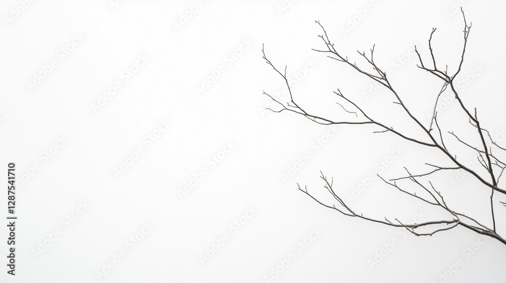 Obraz premium Abstract Bare Branch on Gray: A minimalist close-up captures the intricate silhouette of a bare tree branch against a backdrop, evoking a sense of delicate fragility and the stark beauty of winter.