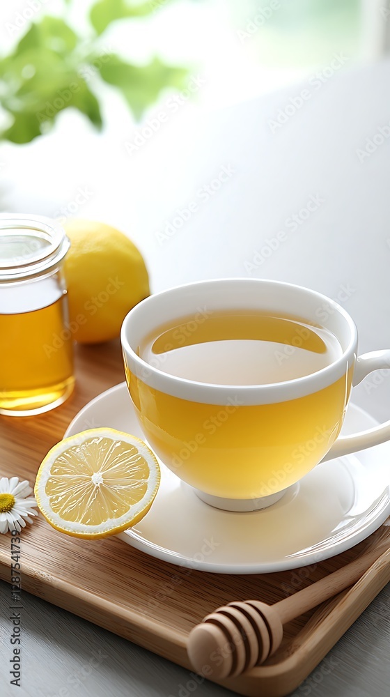 Honey lemon tea on tray, bright kitchen background, healthy drink Honey lemon tea on tray, bright kitchen background, healthy drink