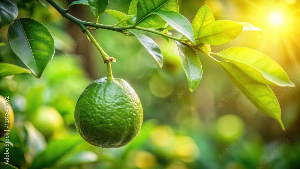 A Single Unripe Citrus Fruit Hanging from a Lush Green Branch Bathed in Warm Sunlight A Single Unripe Citrus Fruit Hanging from a Lush Green Branch Bathed in Warm Sunlight