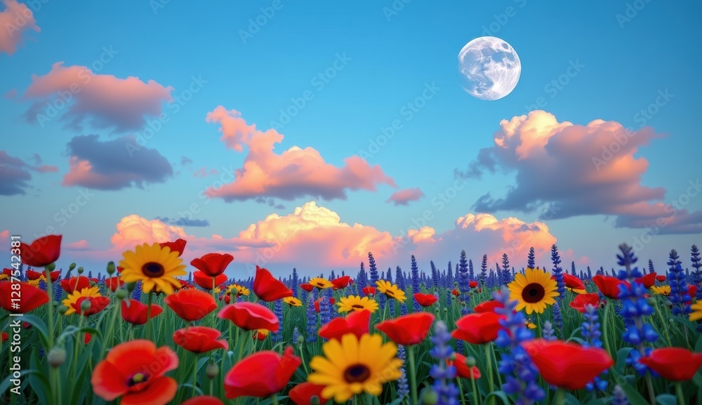 Fototapeta premium Vibrant wildflower meadow under a full moon glowing in an evening sky with colorful clouds