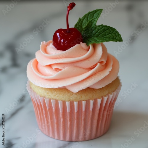 Cupcake Delight: A single, exquisitely decorated cupcake takes center stage, its vibrant pink frosting artfully swirled and topped with a luscious cherry and fresh mint.