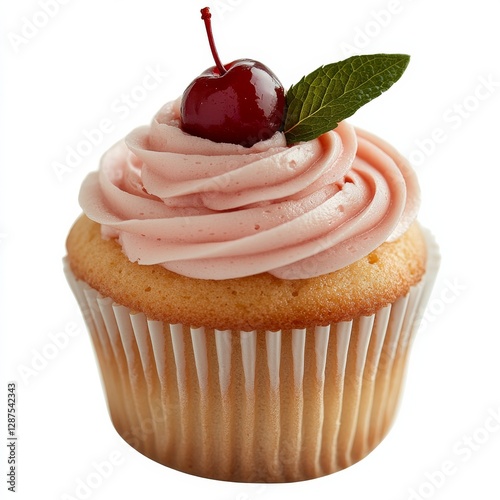 Delectable Cupcake Delight: A close-up shot of a beautifully decorated cupcake, topped with luscious frosting, a ripe cherry, and a sprig of fresh mint, offering a tempting treat