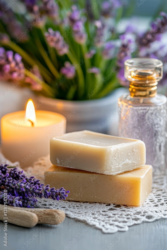 Serene Spa Retreat: A close-up of a relaxing spa scene with lavender, candles, and soap, capturing tranquility, the essence of peace, and the allure of self-care. Serene Spa Retreat: A close-up of a relaxing spa scene with lavender, candles, and soap, capturing tranquility, the essence of peace, and the allure of self-care.