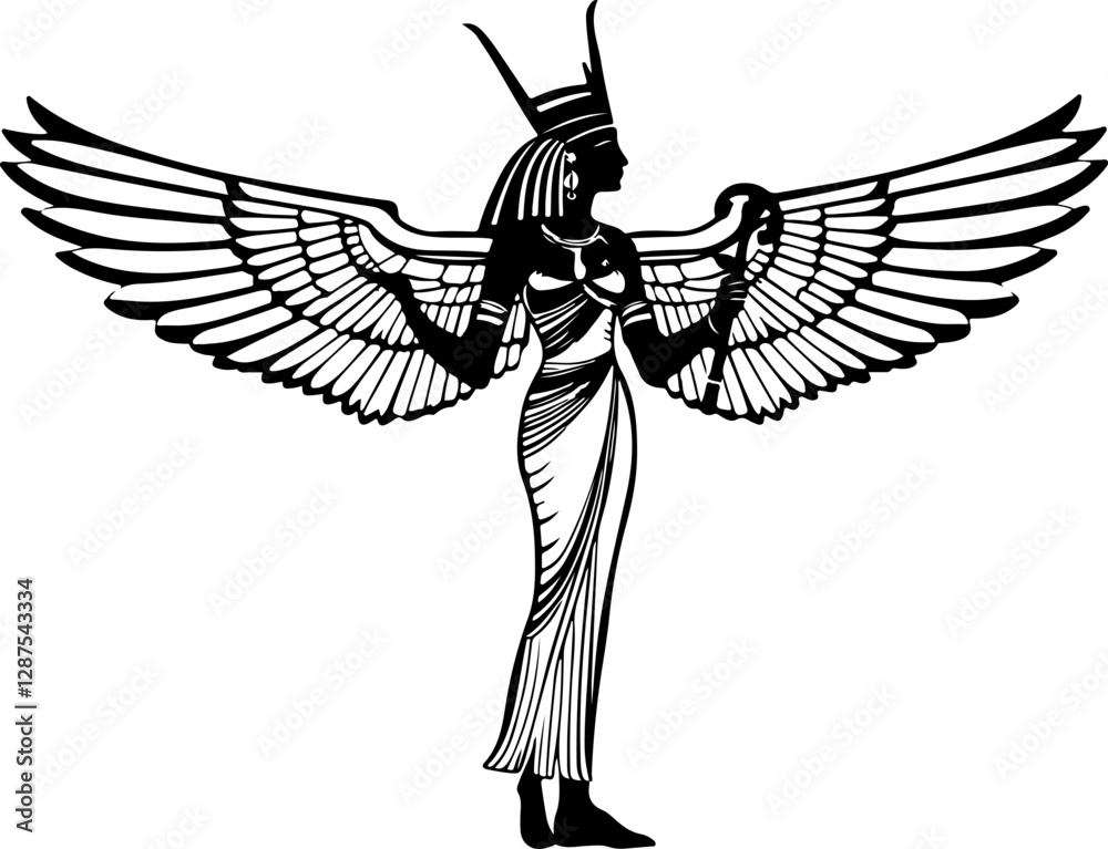 Fototapeta premium Egyptian goddess with outstretched wings, wearing a headdress