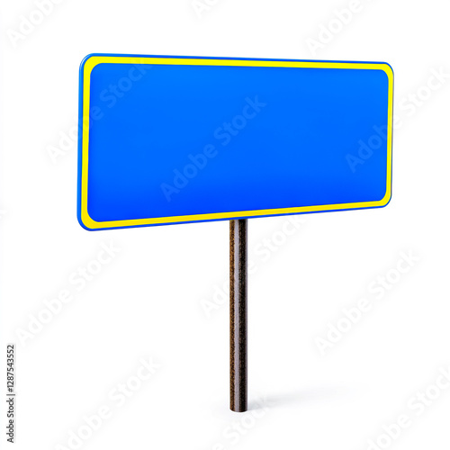 Blank Blue Sign on Pole with Yellow Borders in Isolated Background, Office Supplies Concept.