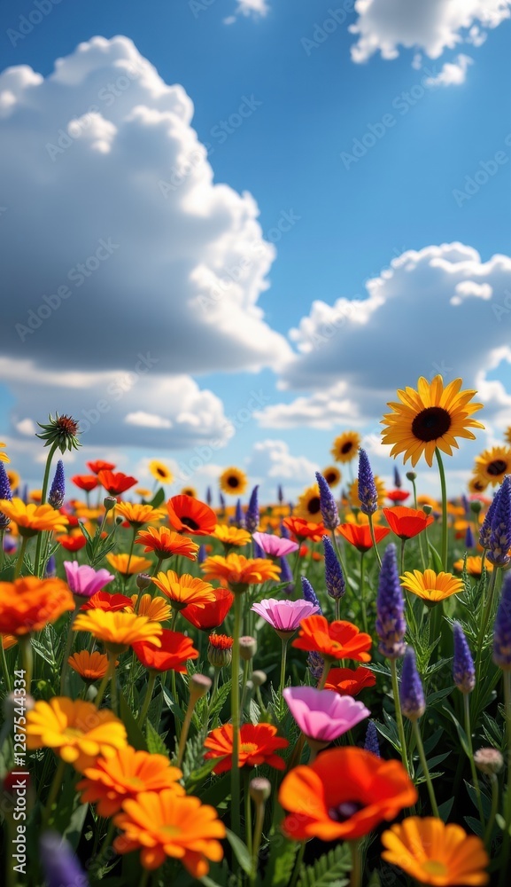 Vibrant wildflower meadow under a full moon glowing in an evening sky with colorful clouds Vibrant wildflower meadow under a full moon glowing in an evening sky with colorful clouds