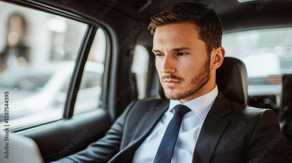 Focused Man in Formal Attire Using Laptop While in Vehicle, Business thrives in travel concept. Focused Man in Formal Attire Using Laptop While in Vehicle, Business thrives in travel concept.