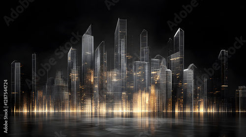 skyline at night with glowing skyscrapers and dramatic contrast between light and shadow 